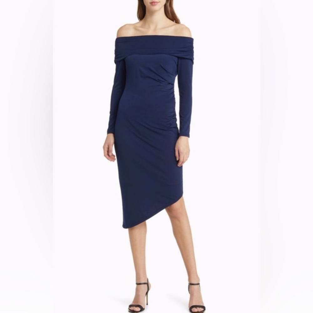 Sam Edelman Navy Blue Off the Shoulder Long Sleeve Midi Body-Con Dress